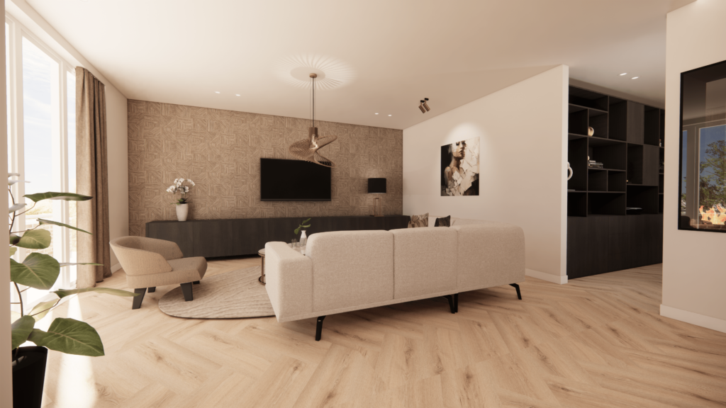 Realistische 3D render van een luxe woonkamer door Mijanou Interieur